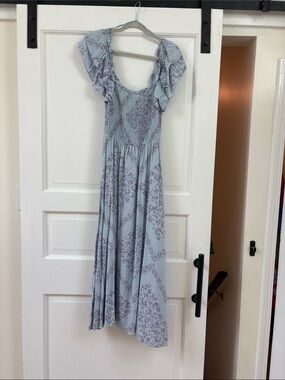Smocked Bodice Light Blue Floral Maxi Dress with Ruffle Sleeves